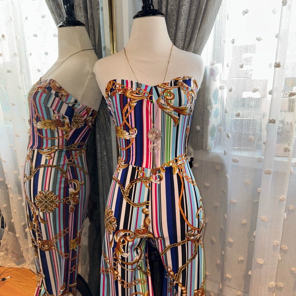 Fashion Nova Chain Multi Colored Flared Strapless Jumpsuit Romper